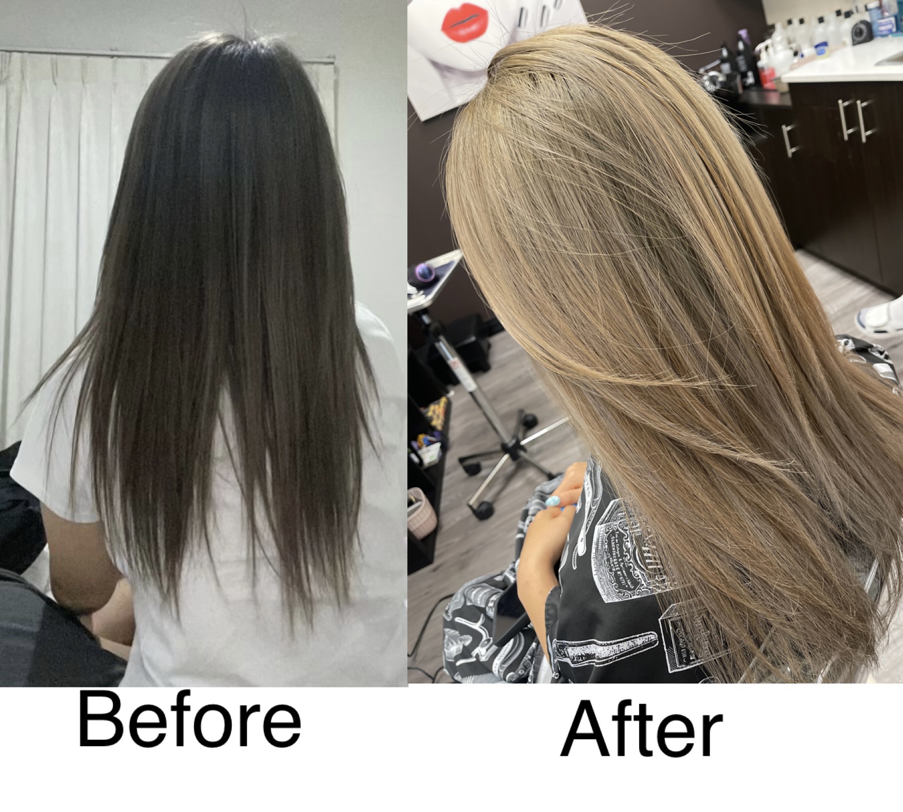 Blonde transformation — before and after — Hair by Kimmie client work