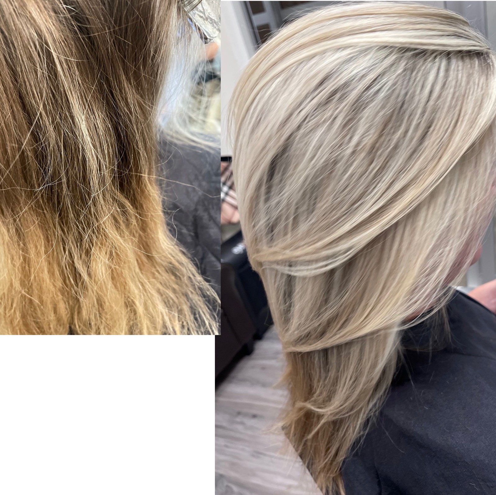 Blonde transformation — before and after — Hair by Kimmie client work