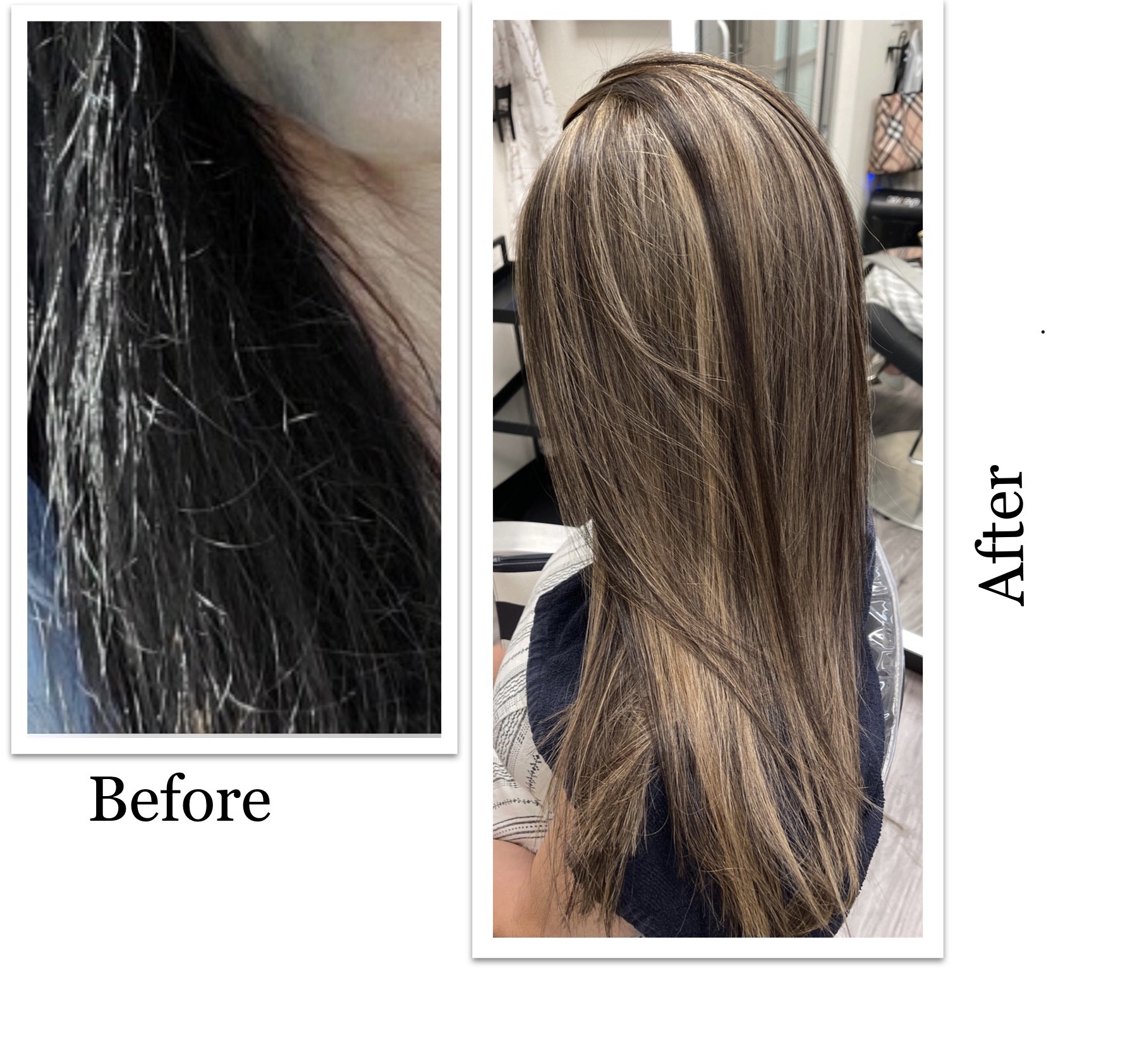 Brunette transformation — before and after — Hair by Kimmie client work