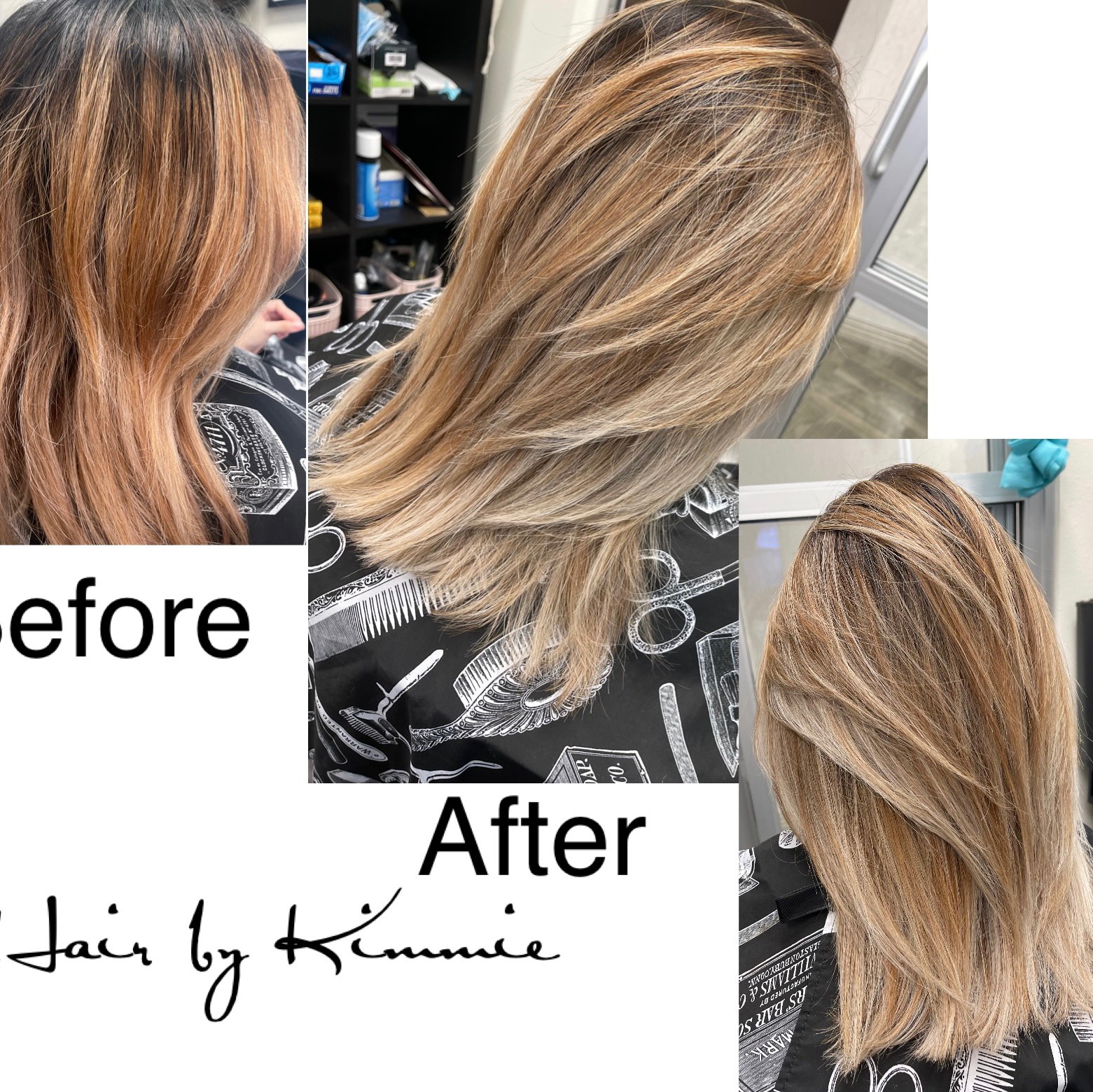 Blonde highlights — before and after — Hair by Kimmie client work