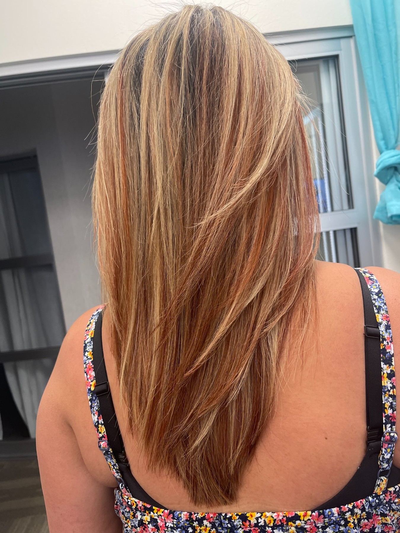 Long caramel highlights — Hair by Kimmie client work