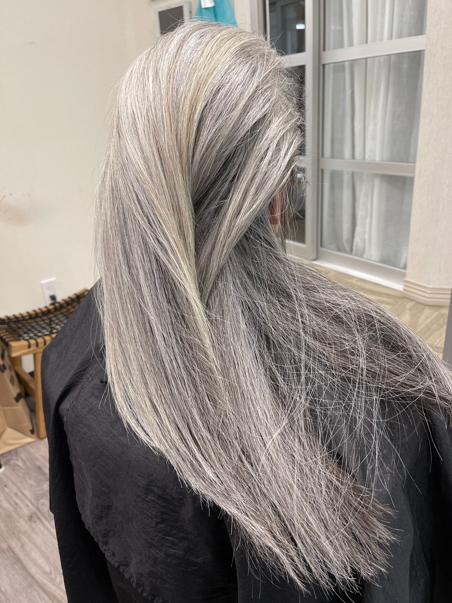 Long silver dimensional hair color