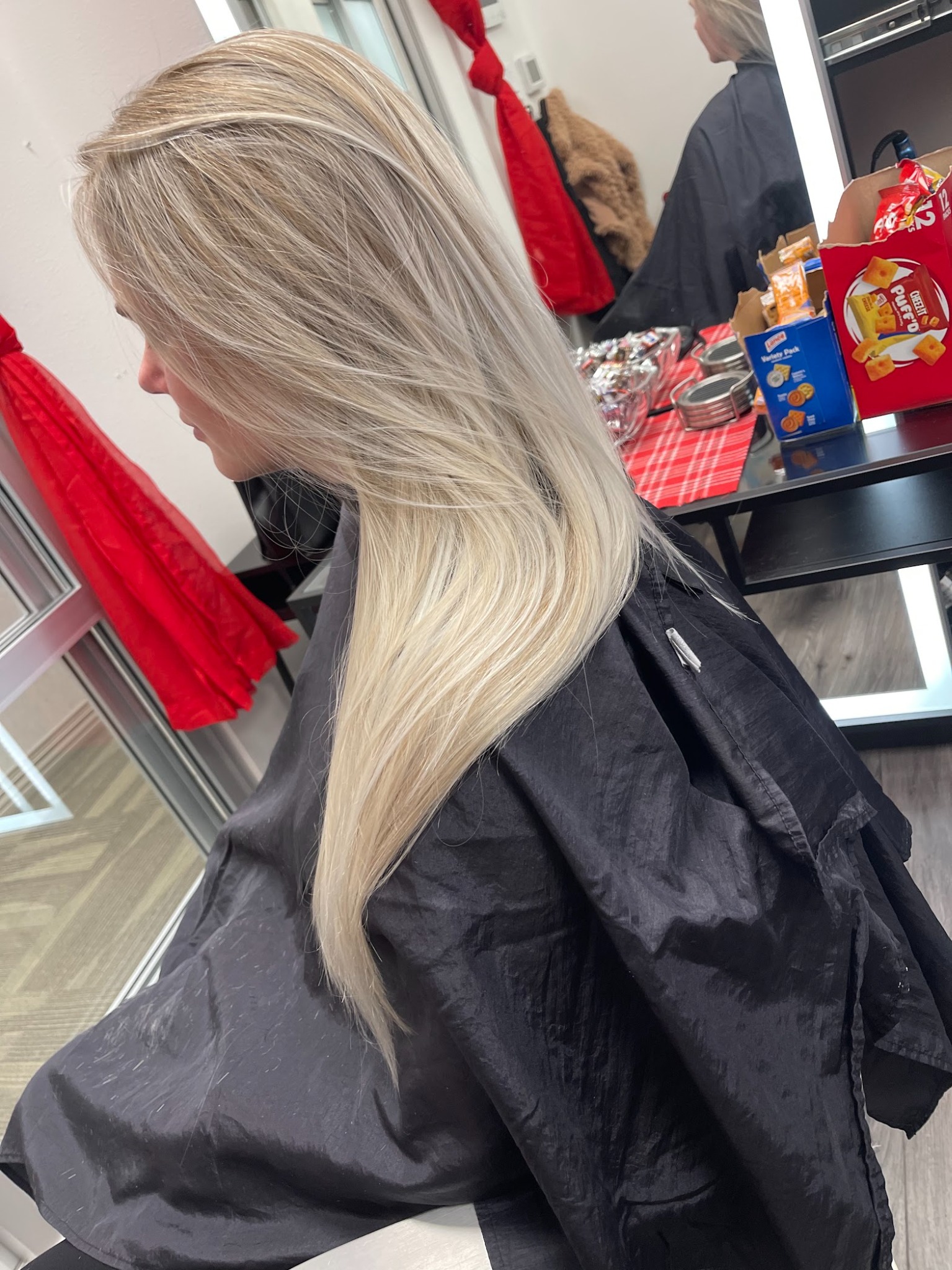 Long bright blonde layered hair